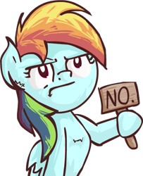 Size: 427x526 | Tagged: safe, artist:scrimpeh, rainbow dash, pegasus, pony, :t, chest fluff, ear fluff, female, frown, glare, hoof hold, mare, no, reaction image, sign, simple background, solo, transparent background, unamused