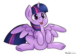 Size: 1002x708 | Tagged: safe, artist:melodicmarzipan, derpibooru import, twilight sparkle, twilight sparkle (alicorn), alicorn, pony, female, mare, silly, silly pony, simple background, sitting, solo, spread wings, tongue out, white background