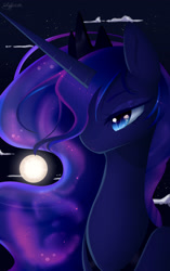 Size: 1700x2700 | Tagged: safe, artist:clefficia, princess luna, alicorn, pony, cloud, crown, cute, female, jewelry, lunabetes, mare, moon, night, regalia, slit eyes, solo, starry night, stars