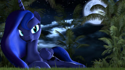 Size: 1200x675 | Tagged: safe, artist:loveslove, princess luna, alicorn, pony, 3d, cloud, cutie mark, female, mare, moon, night, solo, source filmmaker