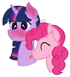 Size: 1479x1635 | Tagged: safe, artist:ivybrush, derpibooru import, pinkie pie, twilight sparkle, earth pony, pony, blushing, female, lesbian, licking, shipping, tongue out, twinkie