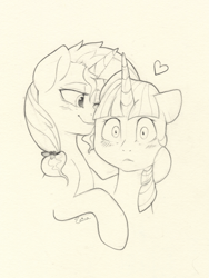 Size: 3617x4809 | Tagged: safe, artist:yellowrobin, derpibooru import, sunset shimmer, twilight sparkle, pony, blushing, female, heart, kiss on the cheek, kissing, lesbian, monochrome, pencil drawing, shipping, simple background, sunsetsparkle, traditional art