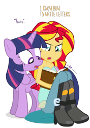 Size: 660x930 | Tagged: safe, artist:dm29, derpibooru import, sunset shimmer, twilight sparkle, twilight sparkle (alicorn), alicorn, equestria girls, annoyed, duo, grammar error, grammar nazi, simple background, transparent background