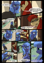 Size: 1240x1754 | Tagged: safe, artist:lunarcakez, princess luna, oc, oc:scarlett rain, alicorn, pony, comic:the origins of hollow shades, cloak, clothes, comic, female, mare, s1 luna, younger