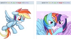 Size: 963x537 | Tagged: safe, rainbow dash, twilight sparkle, twilight sparkle (alicorn), alicorn, pegasus, pony, exploitable meme, female, juxtaposition, juxtaposition win, lesbian, mare, pirate dash, pirateworm, shipping, twidash