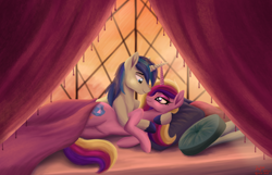 Size: 5998x3852 | Tagged: safe, artist:greenbrothersart, princess cadance, shining armor, alicorn, pony, unicorn, absurd resolution, bed, can you feel the love tonight, curtain, cute, eye contact, female, looking at each other, male, mare, pillow, shiningcadance, shipping, stallion, straight