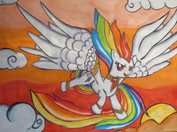 Size: 3466x2592 | Tagged: safe, artist:dracosia, rainbow dash, pegasus, pony, blue coat, female, mare, multicolored mane, solo, super rainbow dash, traditional art