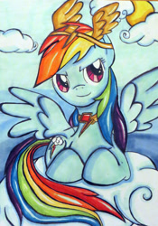 Size: 1800x2574 | Tagged: safe, artist:dracosia, rainbow dash, pegasus, pony, blue coat, element of loyalty, female, mare, multicolored mane, solo, traditional art