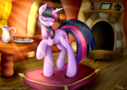 Size: 1024x724 | Tagged: safe, artist:julunis14, derpibooru import, twilight sparkle, unicorn twilight, pony, unicorn, spike at your service, crepuscular rays, cup, eyes closed, female, mare, pillow, scene interpretation, solo, teacup