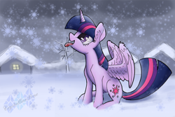 Size: 960x640 | Tagged: safe, artist:crystallinepone, derpibooru import, twilight sparkle, twilight sparkle (alicorn), alicorn, pony, female, mare, sitting, snow, snowfall, solo, spread wings, tongue out, winter