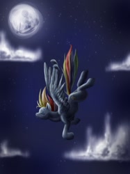 Size: 932x1245 | Tagged: safe, artist:chickenwhite, rainbow dash, pegasus, pony, cloud, cloudy, falling, moon, stars