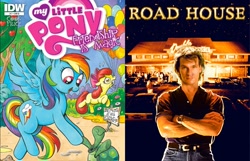 Size: 584x375 | Tagged: safe, idw, apple bloom, rainbow dash, tank, pegasus, pony, cover, patrick swayze, road house