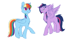 Size: 1280x720 | Tagged: safe, artist:miss-cats, derpibooru import, rainbow dash, twilight sparkle, twilight sparkle (alicorn), alicorn, pegasus, pony, chest fluff, palette swap