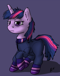 Size: 1300x1643 | Tagged: safe, artist:dombrus, derpibooru import, twilight sparkle, clothes, messy mane, pajamas, socks, solo