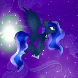 Size: 894x894 | Tagged: safe, artist:electricsparkyt, artist:moonpiecookielover, princess luna, alicorn, pony, collaboration, female, flying, mare, missing cutie mark, night, smiling, solo