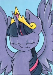 Size: 3415x4815 | Tagged: safe, artist:cutepencilcase, derpibooru import, twilight sparkle, twilight sparkle (alicorn), alicorn, pony, bust, eyes closed, female, mare, portrait, solo, spread wings, traditional art