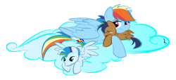 Size: 3300x1500 | Tagged: safe, artist:littletiger488, rainbow dash, oc, oc:circuit, oc:eden, pegasus, pony, cloud, offspring, on a cloud, parent:applejack, parent:rainbow dash, parent:soarin', parents:soarindash, parents:soarinjack