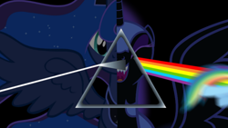 Size: 1920x1080 | Tagged: safe, artist:sofunnyguy, derpibooru exclusive, edit, nightmare moon, princess luna, rainbow dash, alicorn, pegasus, pony, album cover, album parody, female, hipgnosis, implied insanity, pink floyd, ponified, ponified album cover, rainbow, the dark side of the moon, triangle, two sides, wallpaper