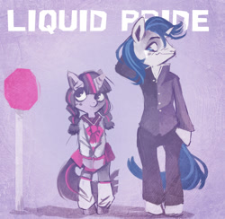 Size: 1280x1249 | Tagged: safe, artist:royalshark, shining armor, twilight sparkle, anthro, alternate hairstyle, arm hooves, clothes, crying, cute, female, liquid pride, male, pigtails, sailor uniform, school uniform, twiabetes, uniform