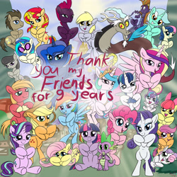 Size: 6000x6000 | Tagged: safe, artist:littlenaughtypony, apple bloom, applejack, big macintosh, bon bon, derpy hooves, discord, dj pon-3, doctor whooves, fluttershy, lyra heartstrings, octavia melody, pinkie pie, princess cadance, princess celestia, princess flurry heart, princess luna, rainbow dash, rarity, scootaloo, shining armor, spike, starlight glimmer, steven magnet, sunset shimmer, sweetie belle, sweetie drops, tempest shadow, twilight sparkle, vinyl scratch, alicorn, draconequus, dragon, earth pony, pegasus, pony, unicorn, adorabon, broken horn, cute, cutedance, cutie mark crusaders, daaaaaaaaaaaw, discute, doctorbetes, female, filly, flurrybetes, heart, horn, looking at you, lyrabetes, macabetes, magnetbetes, male, mare, mlp fim's ninth anniversary, open mouth, rope, shining adorable, stallion, tavibetes, tempestbetes, vinylbetes