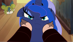 Size: 567x332 | Tagged: safe, alternate version, artist:orochismith, edit, edited screencap, screencap, princess luna, verko, alicorn, pony, my little pony: the movie, cheek squish, cute, luna is not amused, lunabetes, silly, silly pony, squishy cheeks, unamused, who's a good pony