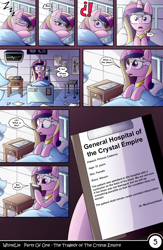 Size: 1040x1600 | Tagged: safe, artist:whitelie, princess cadance, alicorn, pony, comic:party of one:the tragedy of the crystal empire, bandage, bed, blood, comic, curtains, exclamation point, hospital, interrobang, pillow, question mark, screen, sleeping, table, translation, window, zzz