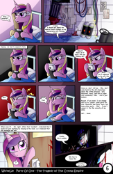 Size: 1040x1600 | Tagged: safe, artist:whitelie, princess cadance, alicorn, pony, comic:party of one:the tragedy of the crystal empire, bandage, bed, blood, chair, comic, door, headache, translation