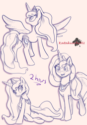 Size: 2100x3000 | Tagged: safe, artist:katakiuchi4u, princess luna, alicorn, pony, bedroom eyes, female, happy, jewelry, lying down, mare, monochrome, open mouth, rear view, sketch, smiling, solo, spread wings, traditional art, wings