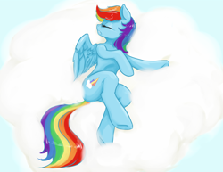 Size: 1200x925 | Tagged: safe, artist:justpony, rainbow dash, pegasus, pony, blue coat, cloud, female, mare, multicolored mane, sleeping, solo