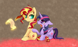 Size: 1500x900 | Tagged: safe, artist:phyllismi, derpibooru import, sunset shimmer, twilight sparkle, twilight sparkle (alicorn), alicorn, pony, unicorn, equestria girls, female, lesbian, quill, scroll, shipping, sunsetsparkle