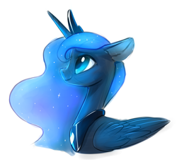 Size: 1834x1682 | Tagged: safe, artist:vistamage, princess luna, alicorn, pony, bust, colored sketch, crown, cute, female, floppy ears, folded wings, jewelry, looking up, lunabetes, mare, portrait, profile, regalia, simple background, smiling, solo, white background, wings