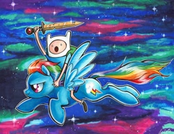 Size: 1000x766 | Tagged: safe, artist:lizspit, rainbow dash, pegasus, pony, adventure time, finn the human, sword, traditional art