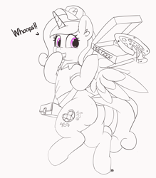 Size: 5442x6223 | Tagged: safe, artist:pabbley, princess cadance, alicorn, pony, absurd resolution, cadance's pizza delivery, clothes, cute, cutedance, female, food, hat, lovebutt, mare, peetzer, pizza, pizza box, shirt, simple background, smiling, solo
