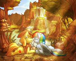 Size: 2000x1600 | Tagged: safe, artist:atryl, braeburn, rainbow dash, earth pony, pegasus, pony, braedash, colored eyelashes, crepuscular rays, female, jewelry, male, picnic, rainbow lashes, scenery, shipping, straight, waterfall