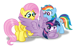 Size: 1024x687 | Tagged: safe, artist:aleximusprime, fluttershy, rainbow dash, twilight sparkle, twilight sparkle (alicorn), alicorn, pegasus, pony, female, mare, preening, simple background, transparent background