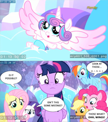 Size: 1242x1396 | Tagged: safe, derpibooru import, screencap, applejack, fluttershy, pinkie pie, princess flurry heart, rainbow dash, rarity, twilight sparkle, earth pony, pegasus, pony, unicorn, spoiler:s06, baby, baby pony, cute, dialogue, diaper, discovery family logo, disney, drama, dumbo, flurry heart drama, flurrybetes, mane six, parody, reference, spread wings