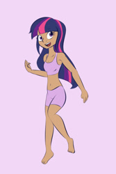 Size: 600x900 | Tagged: safe, artist:samofbob, derpibooru import, twilight sparkle, human, belly button, clothes, female, humanized, looking at you, midriff, moderate dark skin, open mouth, pink background, shorts, simple background, smiling, solo, tanktop