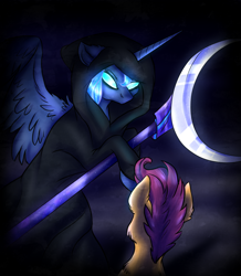 Size: 1744x2000 | Tagged: dead source, safe, artist:not-ordinary-pony, princess luna, scootaloo, alicorn, pony, cloak, clothes, female, filly, grim reaper, mare, scythe
