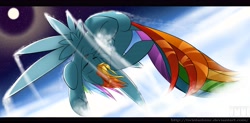 Size: 6933x3420 | Tagged: safe, artist:twintailsinc, rainbow dash, pegasus, pony, blue coat, female, flying, mare, moon, multicolored mane, solo