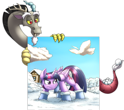 Size: 4248x3793 | Tagged: safe, artist:otakuap, derpibooru import, discord, twilight sparkle, twilight sparkle (alicorn), oc, alicorn, pony, boots, clothes, cloud, discord being discord, female, fourth wall, frown, glare, mare, scarf, smirk, snow, snowball, twilight is not amused, unamused, winter