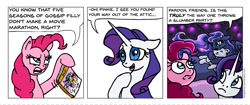 Size: 972x409 | Tagged: safe, artist:gingerfoxy, pinkie pie, princess luna, rarity, alicorn, earth pony, pony, unicorn, pony comic generator, comic, dvd, op has cabin fever