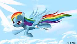 Size: 3000x1730 | Tagged: safe, artist:camaine, rainbow dash, pegasus, pony, blue coat, female, mare, multicolored mane