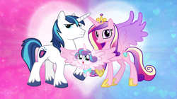 Size: 5360x3008 | Tagged: safe, artist:andoanimalia, princess cadance, princess flurry heart, shining armor, alicorn, pony, unicorn, baby, baby pony, crystal family, cutie mark, diaper, family, open mouth, shining family, smiling