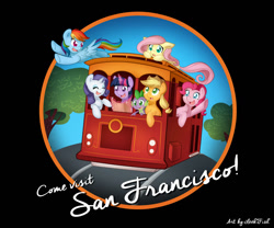 Size: 1280x1063 | Tagged: safe, artist:abbystarling, derpibooru import, applejack, fluttershy, pinkie pie, rainbow dash, rarity, spike, twilight sparkle, dragon, earth pony, pegasus, pony, unicorn, babscon, california, mane seven, mane six, san francisco, trolley