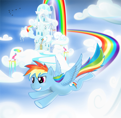 Size: 1049x1024 | Tagged: safe, artist:marnodor, rainbow dash, pegasus, pony, blue coat, female, flying, mare, multicolored mane