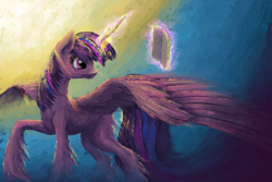 Size: 1600x1067 | Tagged: safe, artist:xormak, derpibooru import, twilight sparkle, twilight sparkle (alicorn), alicorn, pony, book, female, fluffy, flying, magic, mare, solo, telekinesis, unshorn fetlocks