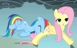 Size: 1280x806 | Tagged: safe, screencap, fluttershy, rainbow dash, pegasus, pony, dragonshy, butt touch, faceful of ass, female, lidded eyes, mare, out of context, pushing, rump push