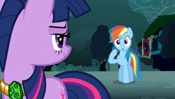 Size: 1280x720 | Tagged: safe, screencap, rainbow dash, twilight sparkle, pegasus, pony, magic duel, lidded eyes, out of context