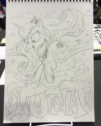 Size: 1080x1349 | Tagged: safe, artist:andypriceart, princess luna, alicorn, pony, cloud, flying, moon, spread wings, stars, traditional art, wings