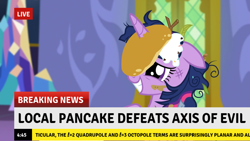 Size: 1909x1080 | Tagged: safe, derpibooru import, edit, twilight sparkle, twilight sparkle (alicorn), alicorn, pony, castle sweet castle, break your own news, female, food, grin, horn impalement, i'm pancake, mare, meme, news, pancakes, physics, smiling, squee